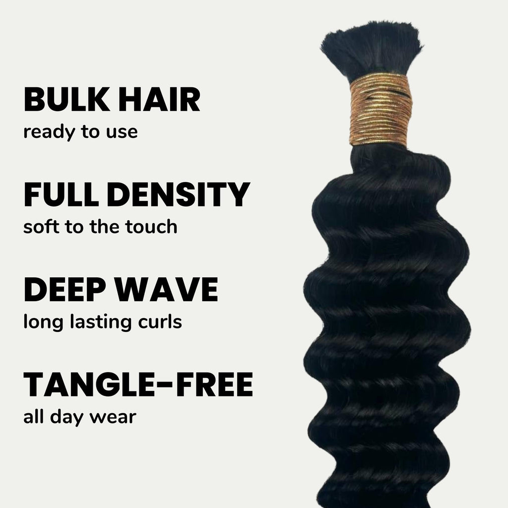 Jet Black Deep Wave Bulk 100% Human Braiding Hair