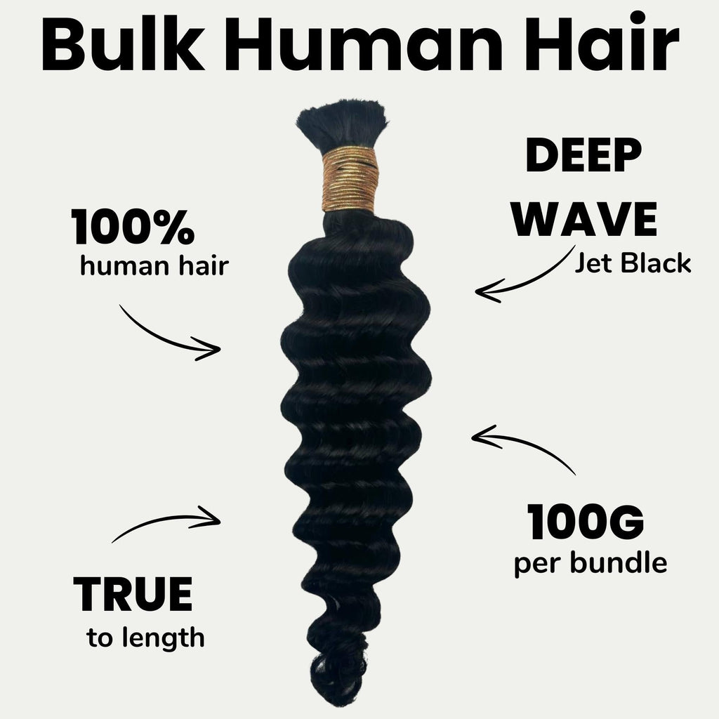 Jet Black Deep Wave Bulk 100% Human Braiding Hair